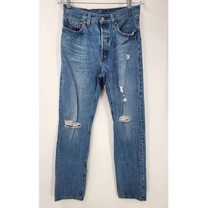Women's Levis 501 Straight Leg Medium Wash Jeans Distressed‎ Size 27 Button Fly